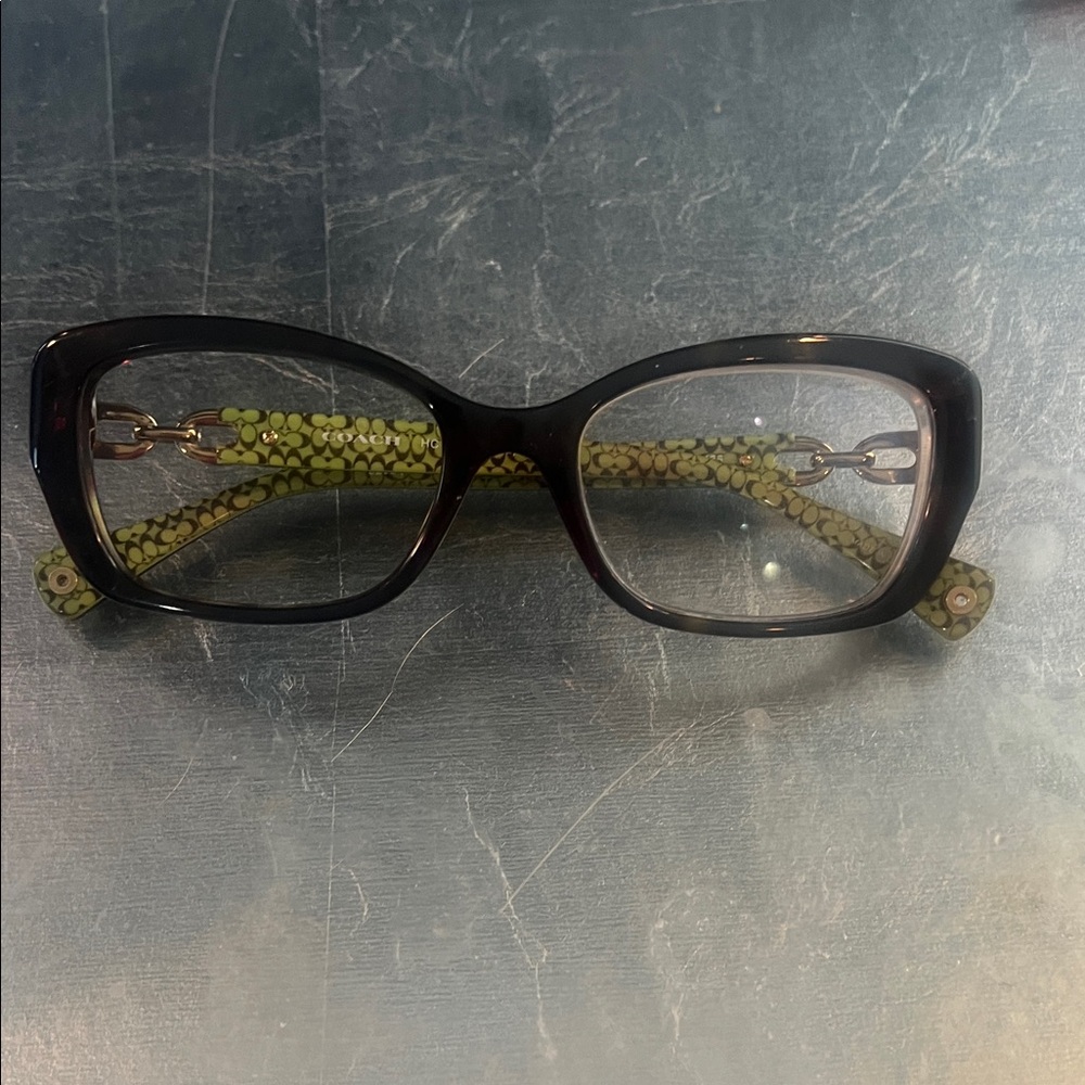 Coach Women's Glasses with Black Frame and Green Patterned Arms needs lenses